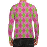 Green And Pink Argyle Pattern Print Men's Long Sleeve Rash Guard
