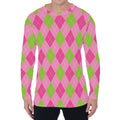 Green And Pink Argyle Pattern Print Men's Long Sleeve T-Shirt
