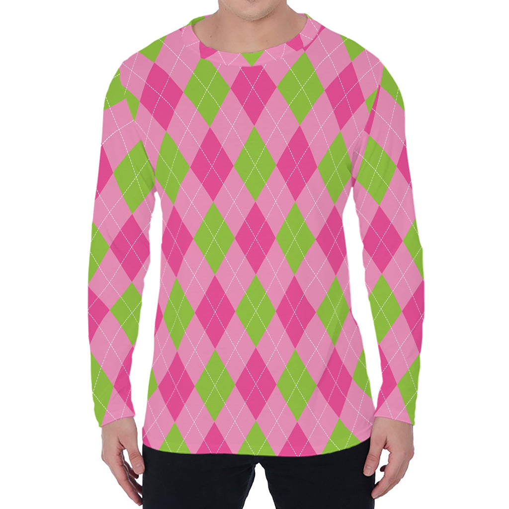Green And Pink Argyle Pattern Print Men's Long Sleeve T-Shirt