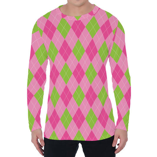Green And Pink Argyle Pattern Print Men's Long Sleeve T-Shirt