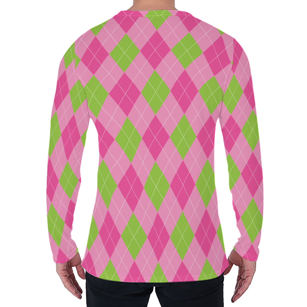 Green And Pink Argyle Pattern Print Men's Long Sleeve T-Shirt