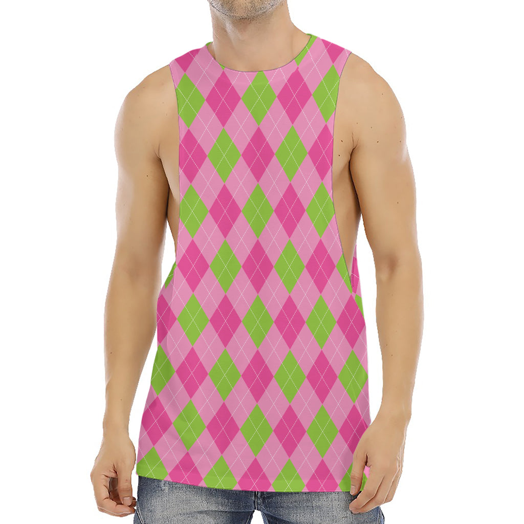 Green And Pink Argyle Pattern Print Men's Muscle Tank Top