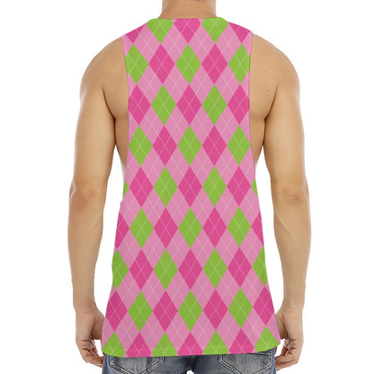 Green And Pink Argyle Pattern Print Men's Muscle Tank Top