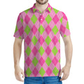 Green And Pink Argyle Pattern Print Men's Polo Shirt