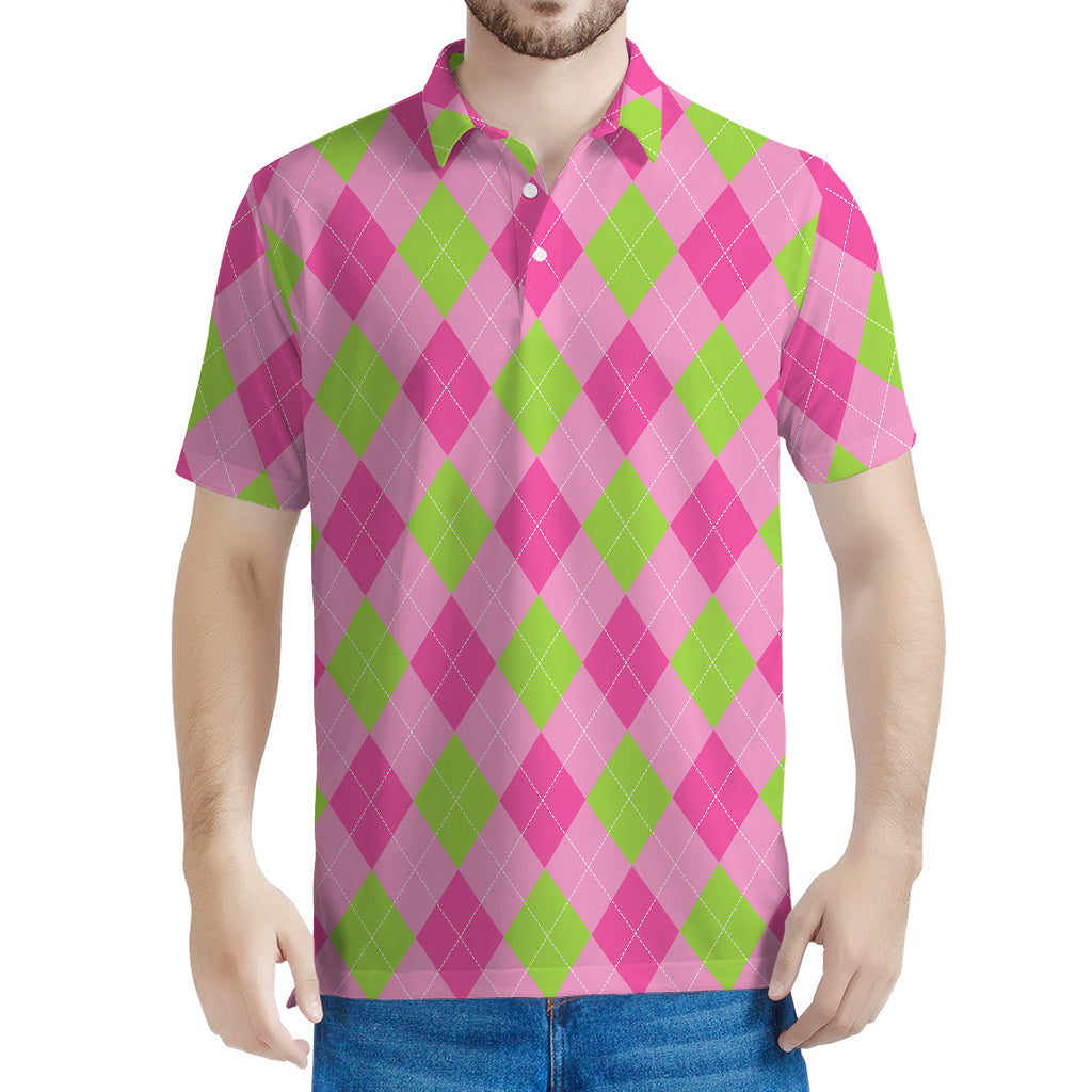 Green And Pink Argyle Pattern Print Men's Polo Shirt