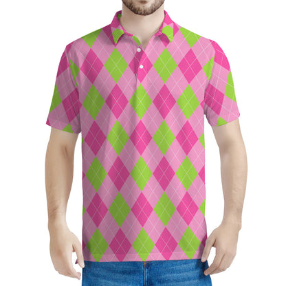 Green And Pink Argyle Pattern Print Men's Polo Shirt