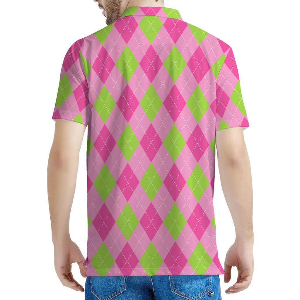 Green And Pink Argyle Pattern Print Men's Polo Shirt
