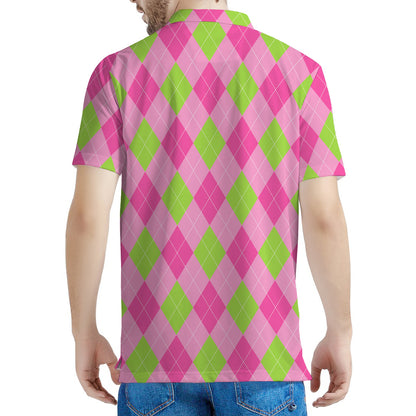 Green And Pink Argyle Pattern Print Men's Polo Shirt