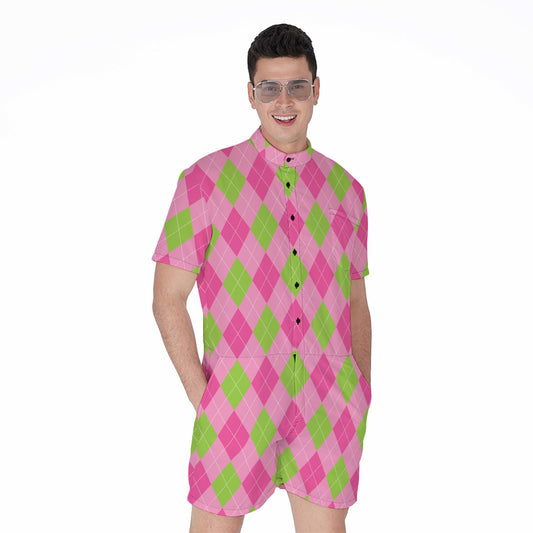 Green And Pink Argyle Pattern Print Men's Rompers