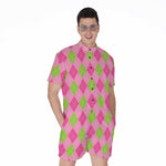 Green And Pink Argyle Pattern Print Men's Rompers