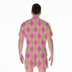 Green And Pink Argyle Pattern Print Men's Rompers