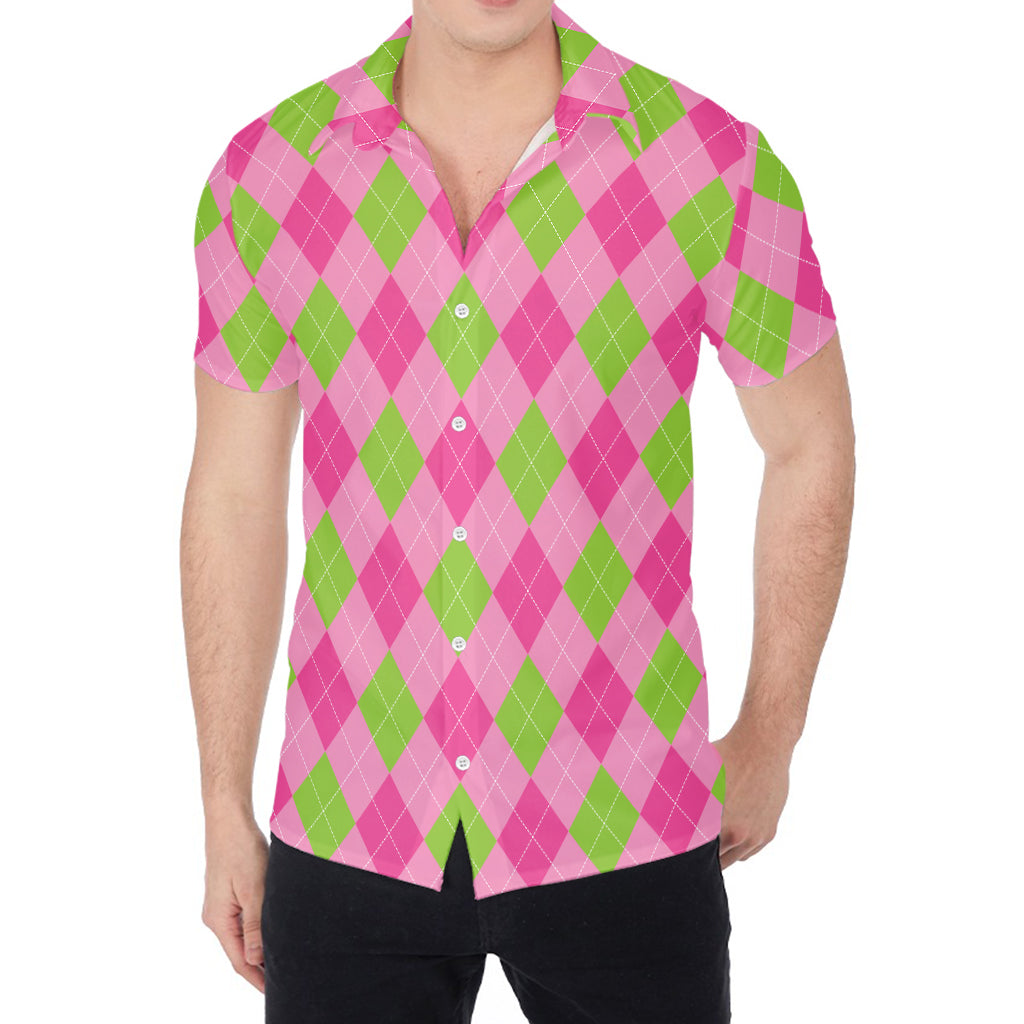 Green And Pink Argyle Pattern Print Men's Shirt