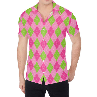 Green And Pink Argyle Pattern Print Men's Shirt