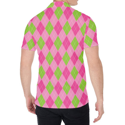 Green And Pink Argyle Pattern Print Men's Shirt
