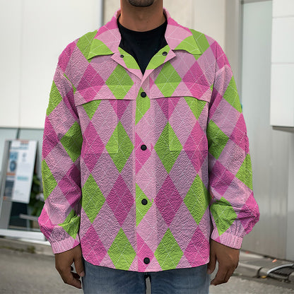 Green And Pink Argyle Pattern Print Men's Shirt Jacket