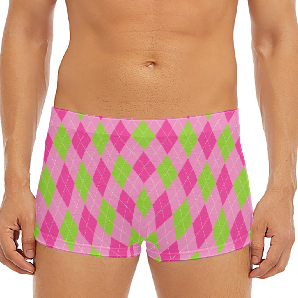 Green And Pink Argyle Pattern Print Men's Short Boxer Briefs