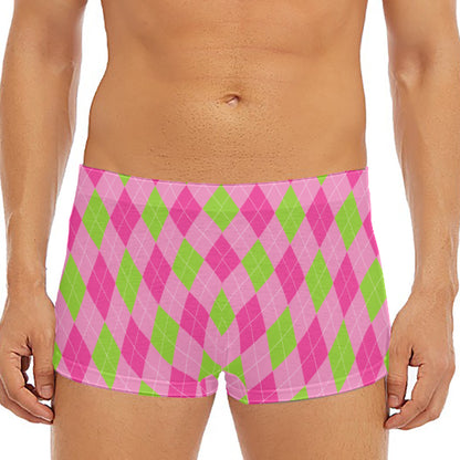 Green And Pink Argyle Pattern Print Men's Short Boxer Briefs
