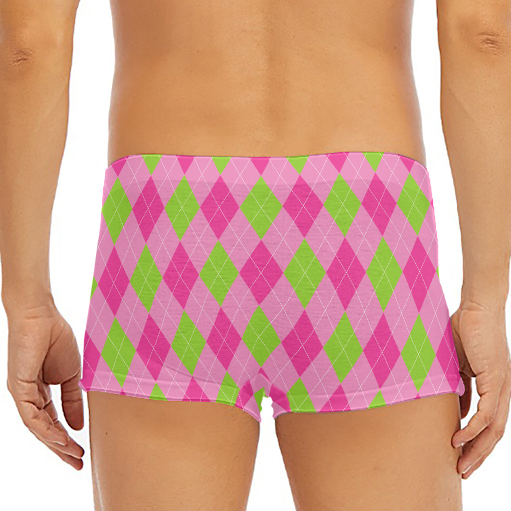 Green And Pink Argyle Pattern Print Men's Short Boxer Briefs