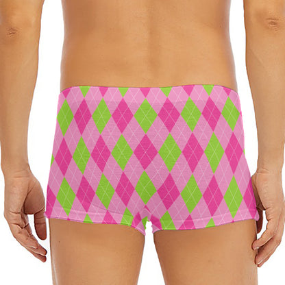 Green And Pink Argyle Pattern Print Men's Short Boxer Briefs