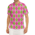 Green And Pink Argyle Pattern Print Men's Short Sleeve Rash Guard