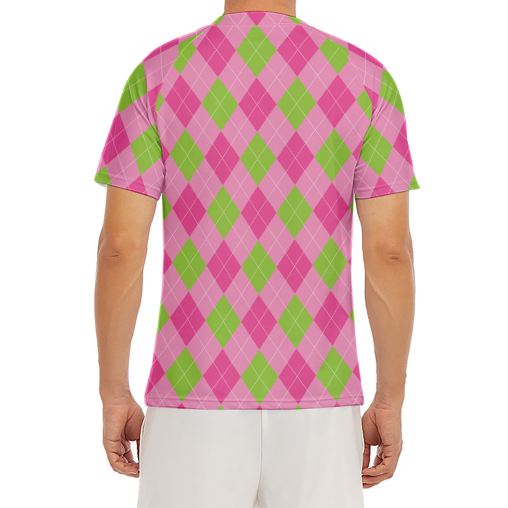 Green And Pink Argyle Pattern Print Men's Short Sleeve Rash Guard