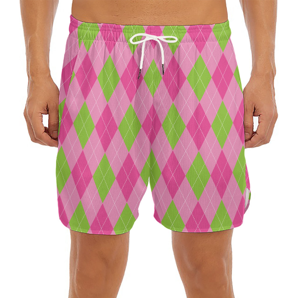 Green And Pink Argyle Pattern Print Men's Split Running Shorts