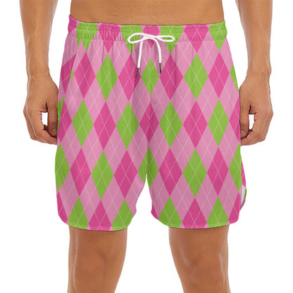 Green And Pink Argyle Pattern Print Men's Split Running Shorts