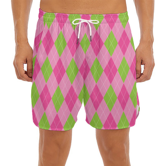 Green And Pink Argyle Pattern Print Men's Split Running Shorts