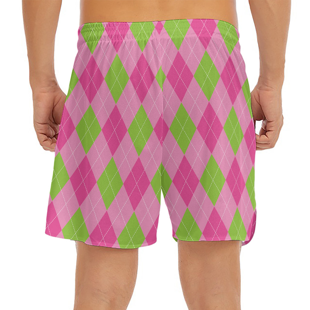 Green And Pink Argyle Pattern Print Men's Split Running Shorts