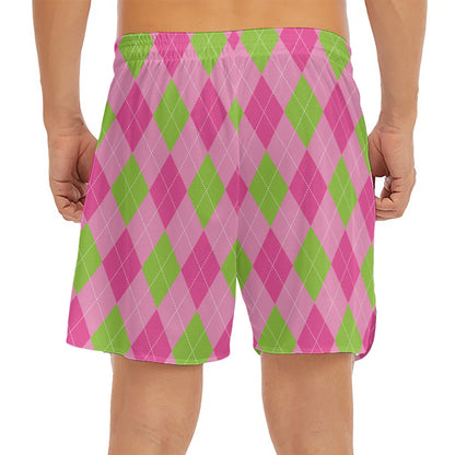 Green And Pink Argyle Pattern Print Men's Split Running Shorts
