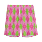 Green And Pink Argyle Pattern Print Men's Sports Shorts