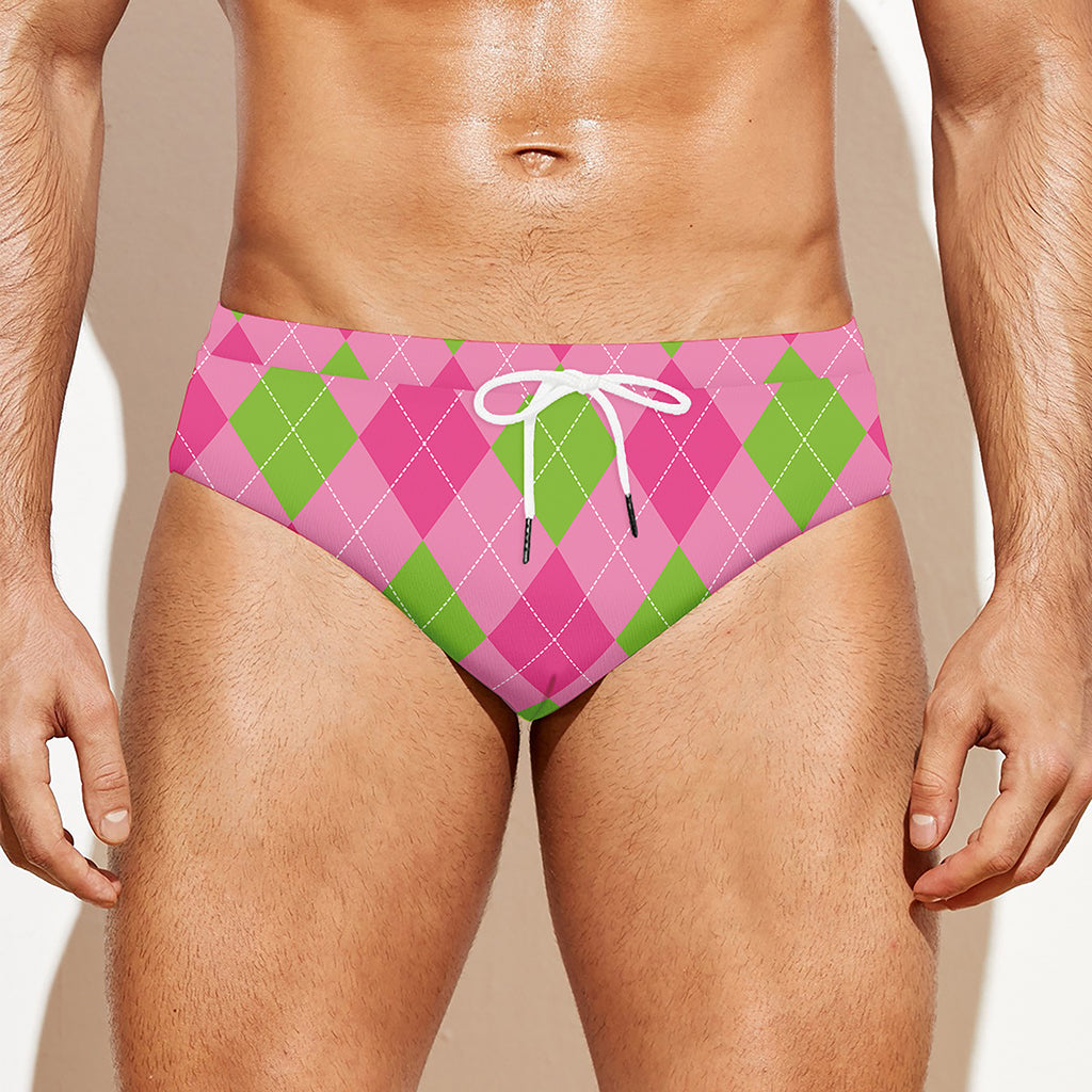 Green And Pink Argyle Pattern Print Men's Swim Briefs