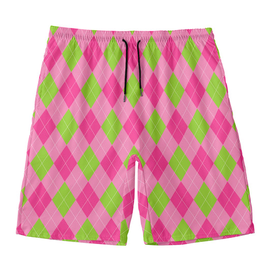 Green And Pink Argyle Pattern Print Men's Swim Trunks