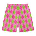 Green And Pink Argyle Pattern Print Men's Swim Trunks