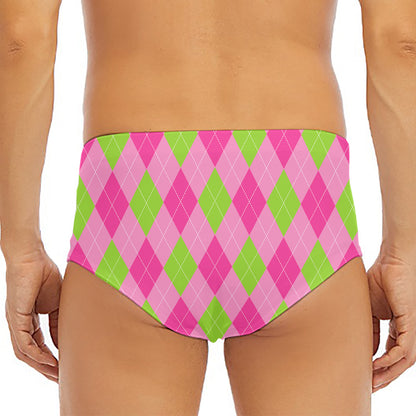 Green And Pink Argyle Pattern Print Men's Triangle Swim Briefs