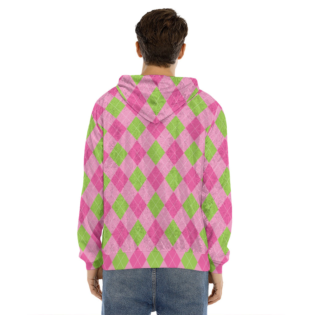 Green And Pink Argyle Pattern Print Men's Velvet Pullover Hoodie
