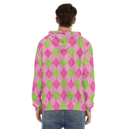Green And Pink Argyle Pattern Print Men's Velvet Pullover Hoodie
