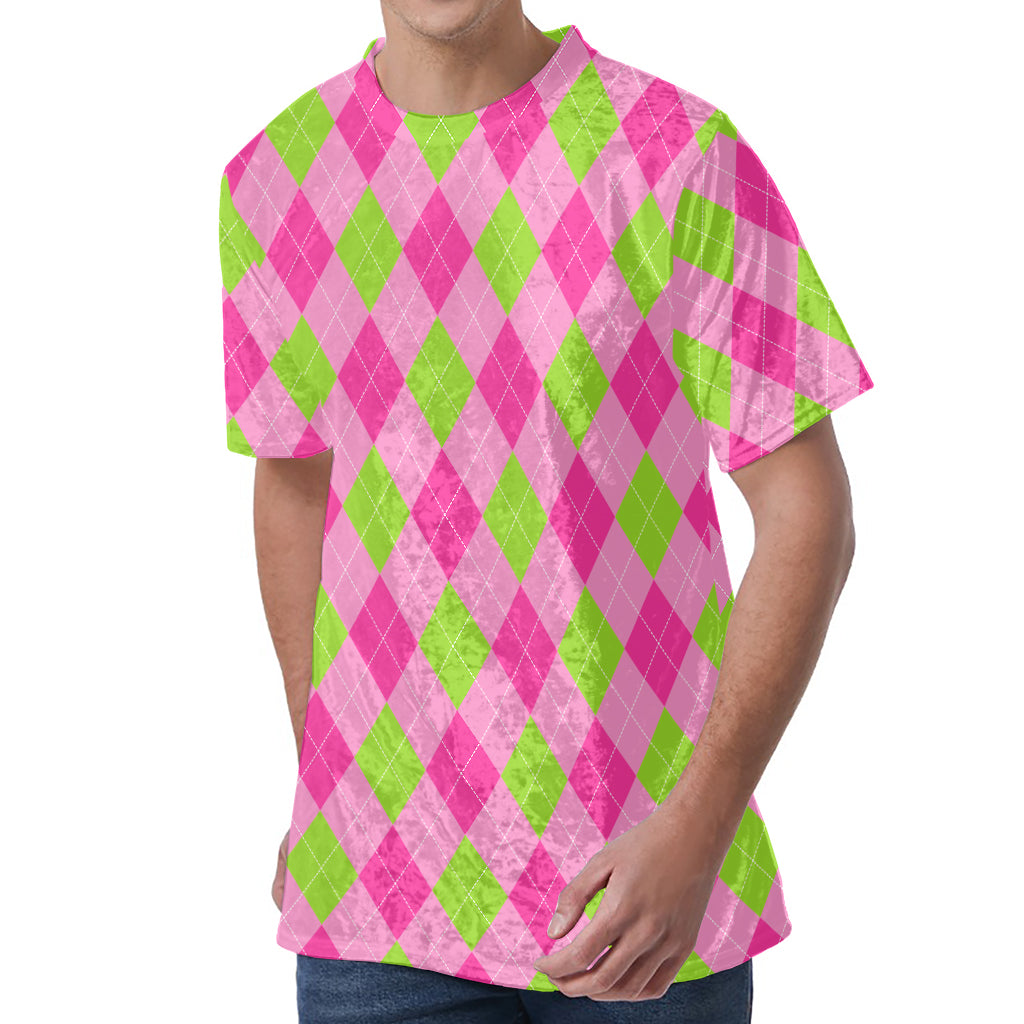Green And Pink Argyle Pattern Print Men's Velvet T-Shirt