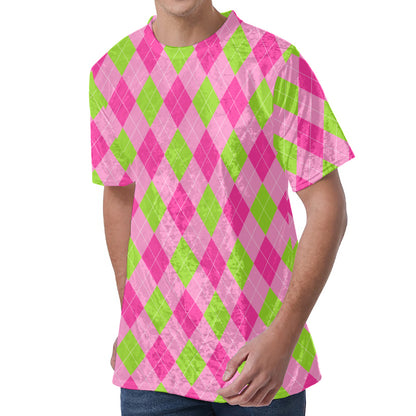 Green And Pink Argyle Pattern Print Men's Velvet T-Shirt