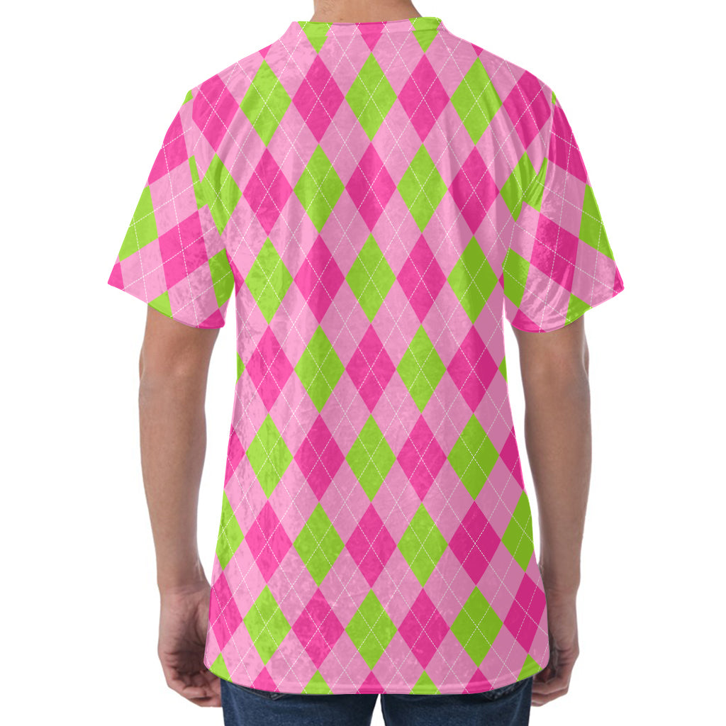 Green And Pink Argyle Pattern Print Men's Velvet T-Shirt