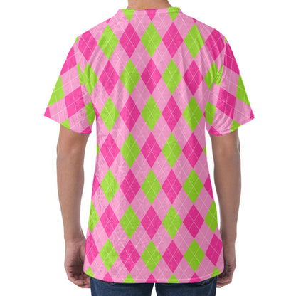 Green And Pink Argyle Pattern Print Men's Velvet T-Shirt