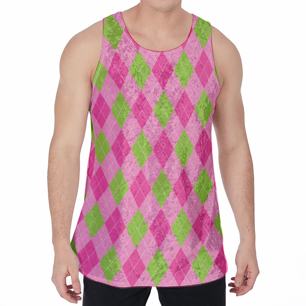 Green And Pink Argyle Pattern Print Men's Velvet Tank Top