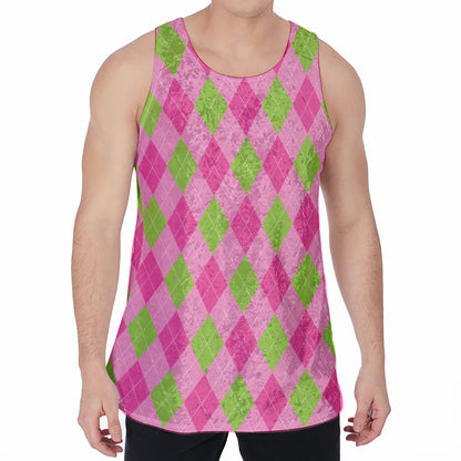 Green And Pink Argyle Pattern Print Men's Velvet Tank Top