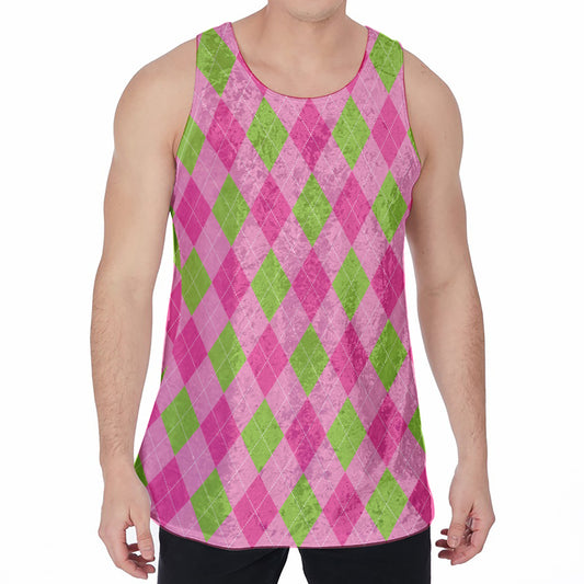 Green And Pink Argyle Pattern Print Men's Velvet Tank Top