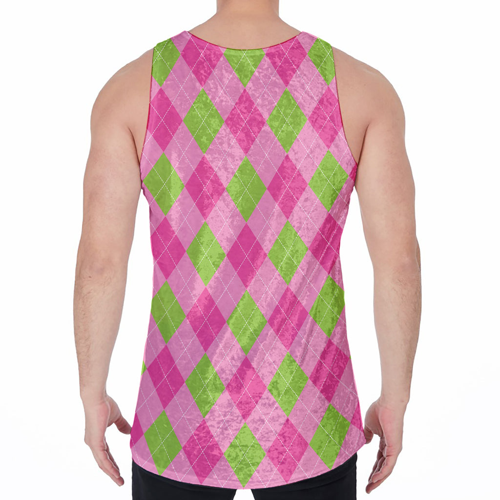 Green And Pink Argyle Pattern Print Men's Velvet Tank Top