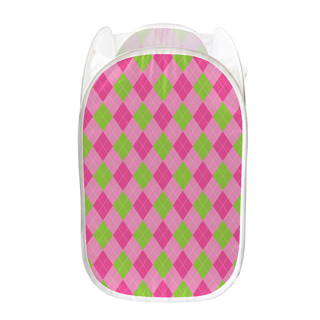 Green And Pink Argyle Pattern Print Mesh Laundry Hamper