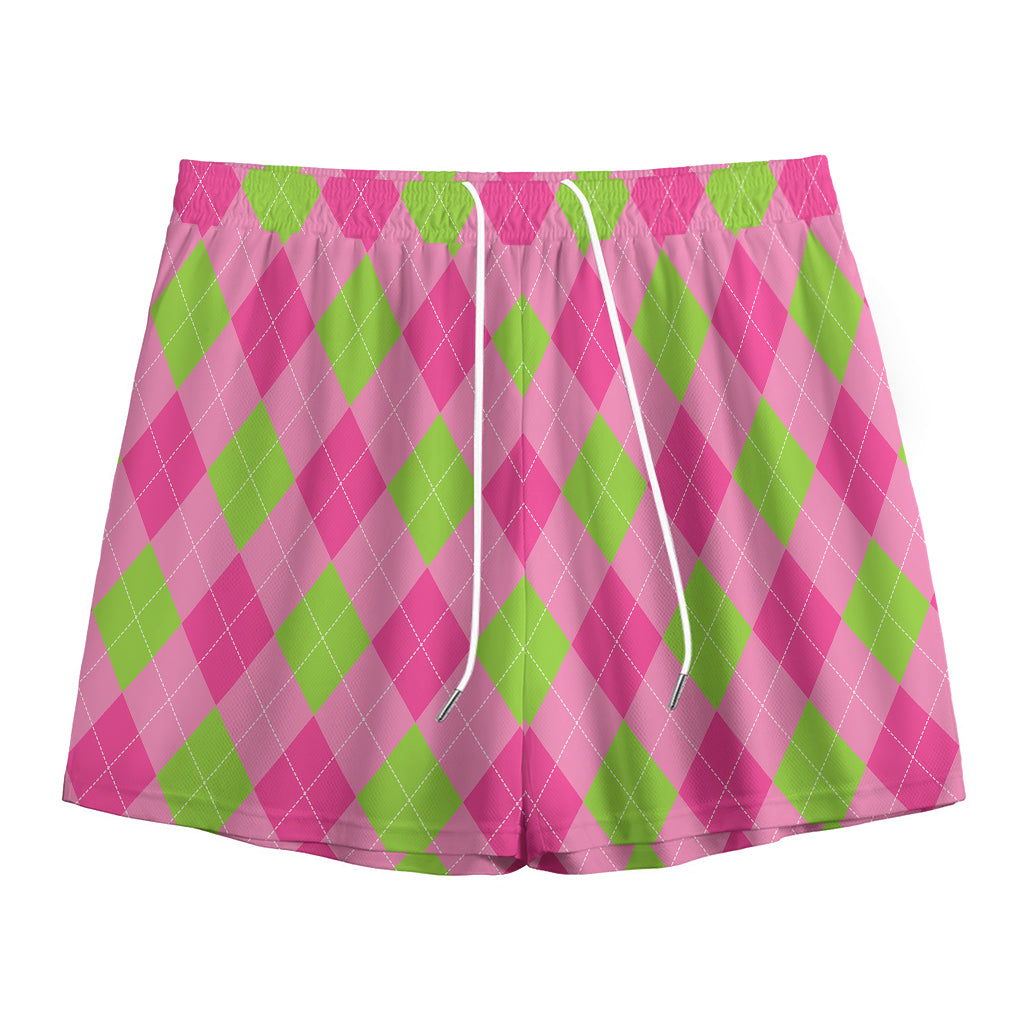 Green And Pink Argyle Pattern Print Mesh Shorts