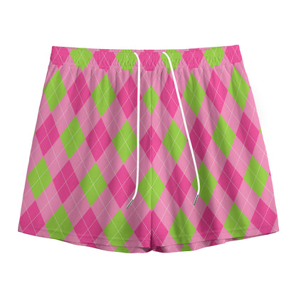 Green And Pink Argyle Pattern Print Mesh Shorts