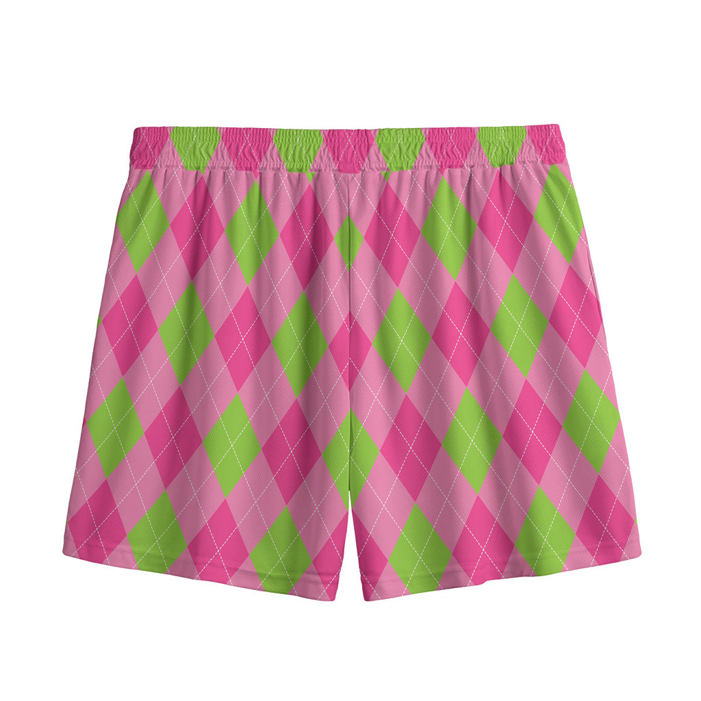 Green And Pink Argyle Pattern Print Mesh Shorts