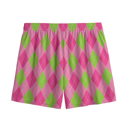 Green And Pink Argyle Pattern Print Mesh Shorts